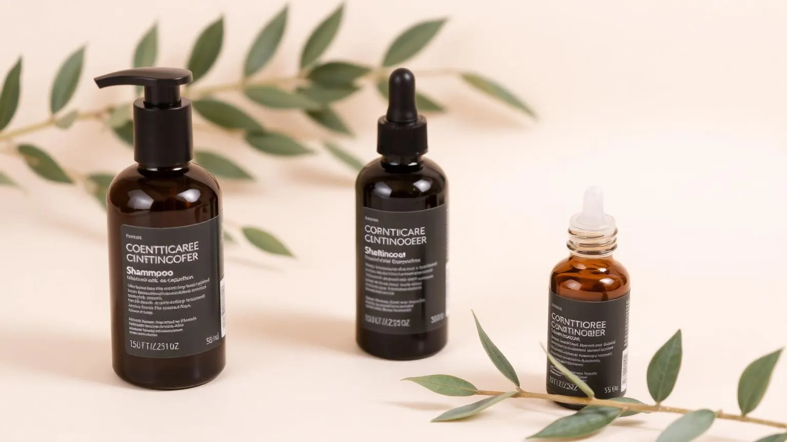 Shampoo, conditioner and hair serum bottles beside green leaves