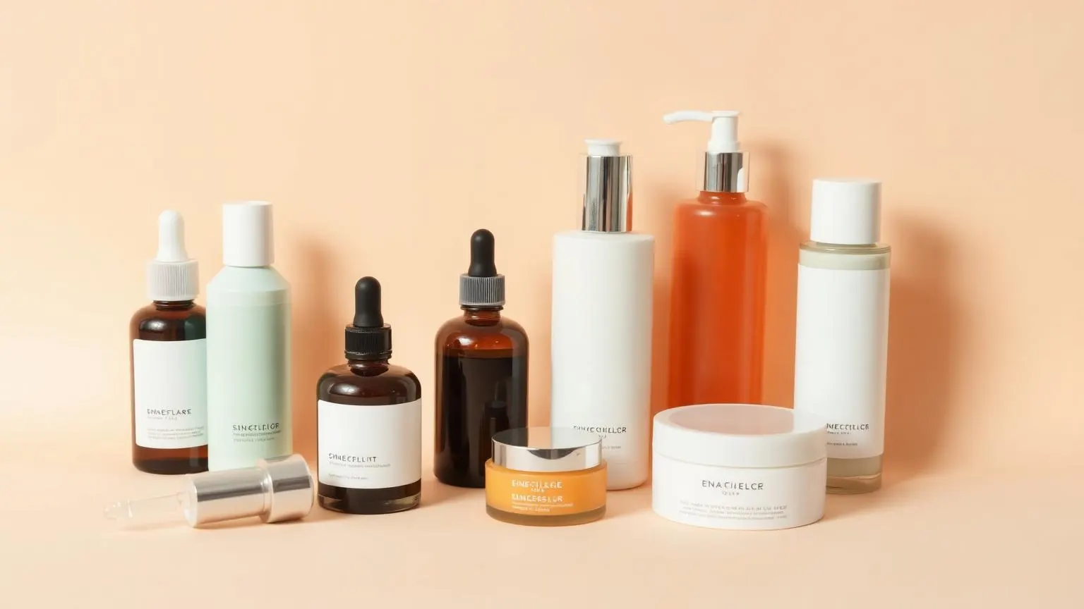 A curated collection of skincare bottles and jars on a warm ivory backdrop