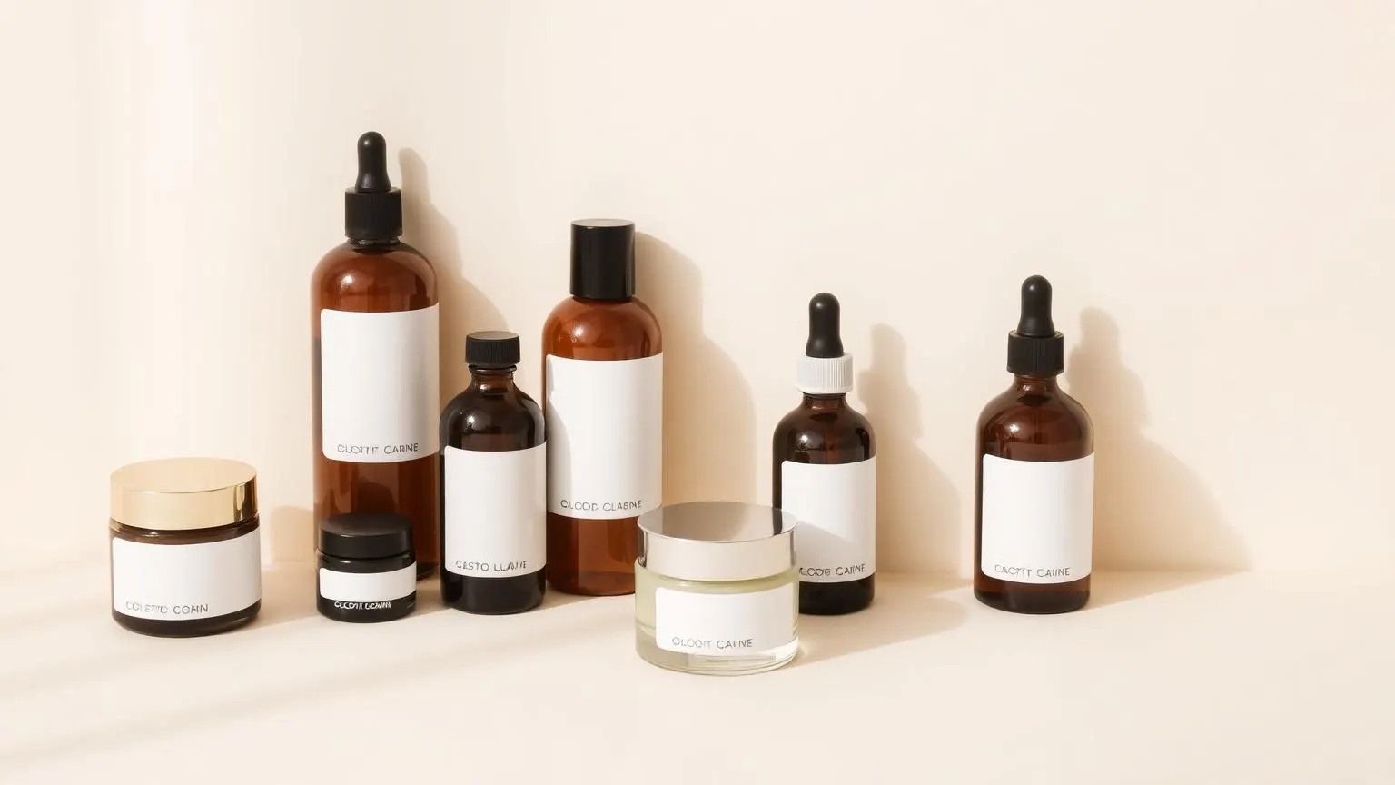 Unbranded skincare bottles and jars arranged on a soft ivory background