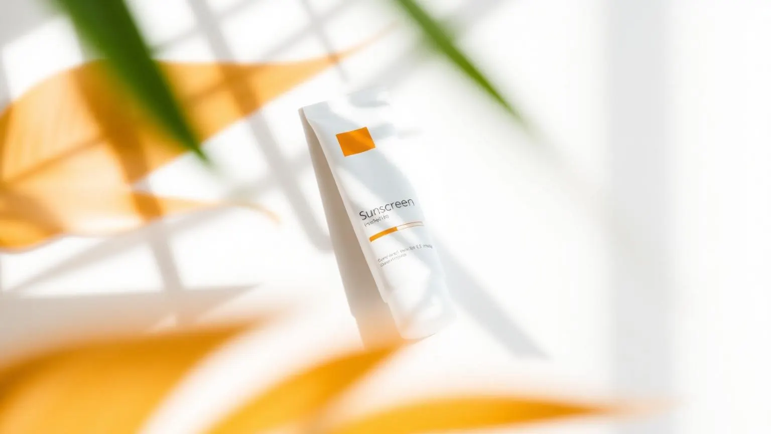 A white sunscreen tube in bright daylight with soft leaf shadows